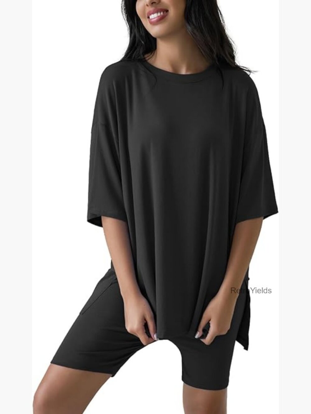Women's Two Piece Lounge Set - Short Sleeve Top & Biker Shorts with Pockets